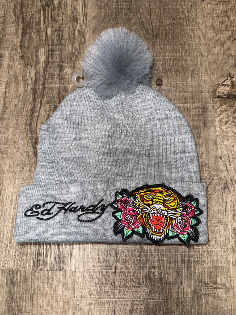Ed Hardy Light Gray Kids Pom Beanie with Tiger & Rose Patch